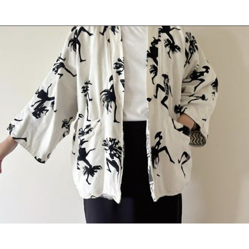 Pondicherri VTG 80s 90s Tribal Print Kimono Jacket Reversible Dolman Blk Wht O/S
